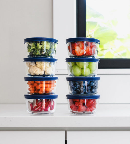 Glass Food Storage Containers - 16 Piece 7oz Set (8 Containers + 8 Lids), Blue