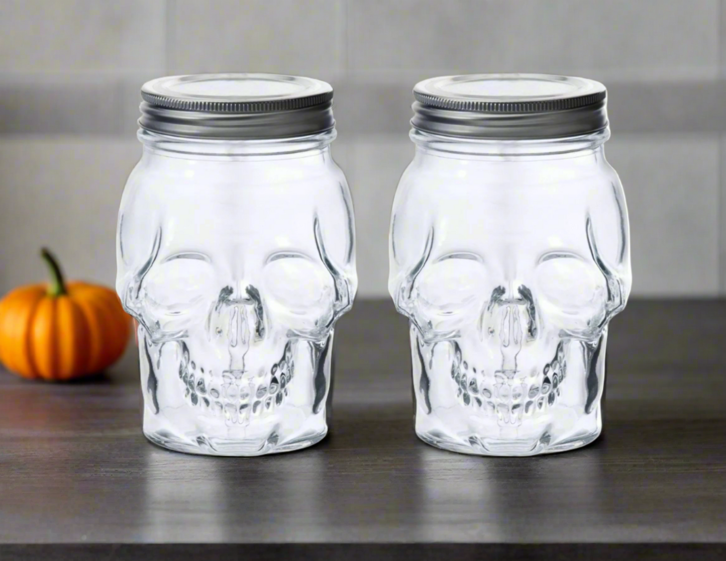 Skull Mason Jar With Lid, 4-Piece Set (2 Skull Mason Jars & 2 Lids) 42oz, Clear
