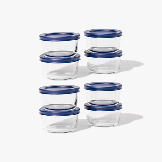 Glass Food Storage Containers - 16 Piece 7oz Set (8 Containers + 8 Lids), Blue