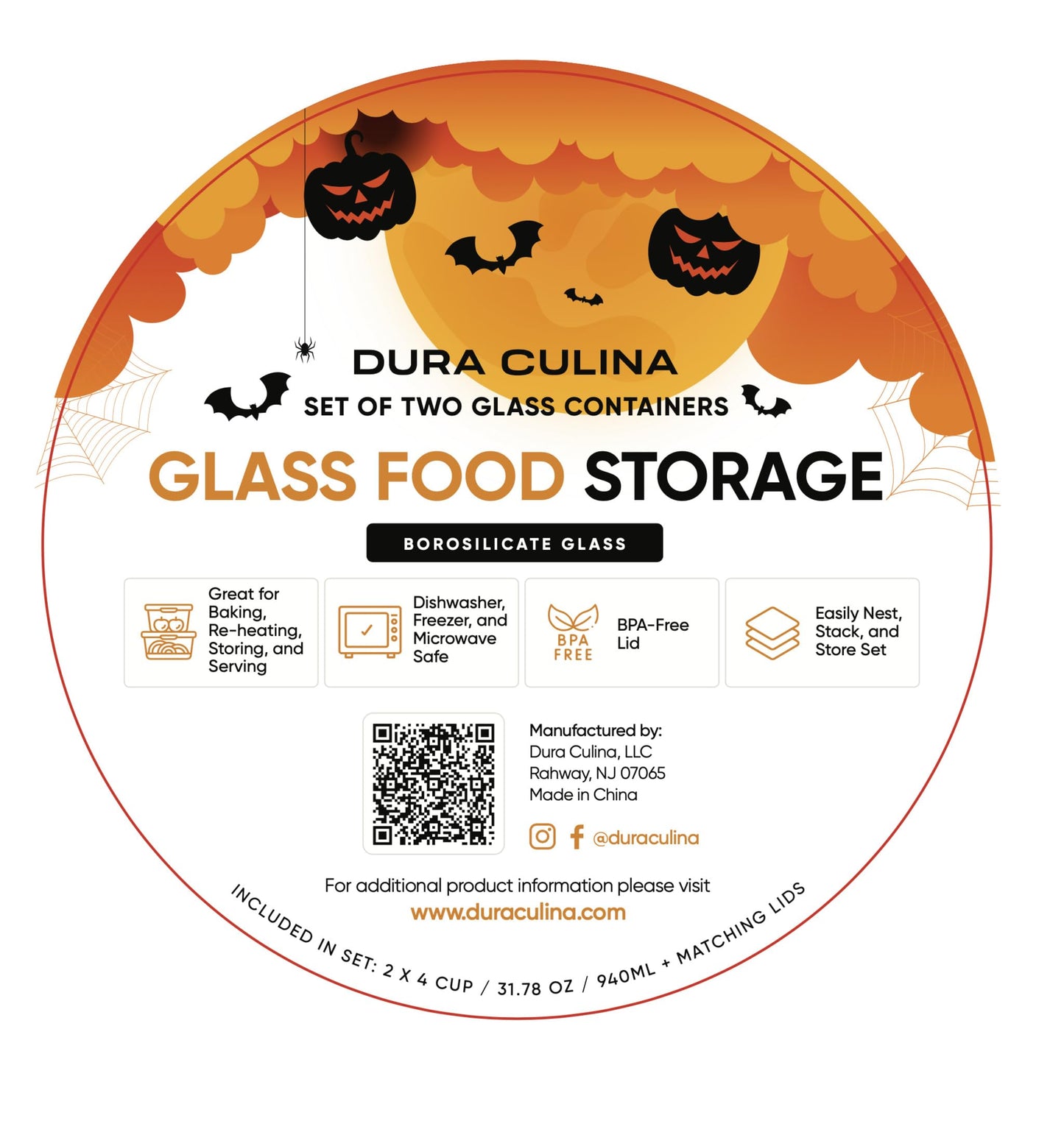 Dura Living Halloween Glass Storage Containers 2 Cup 6pc Set