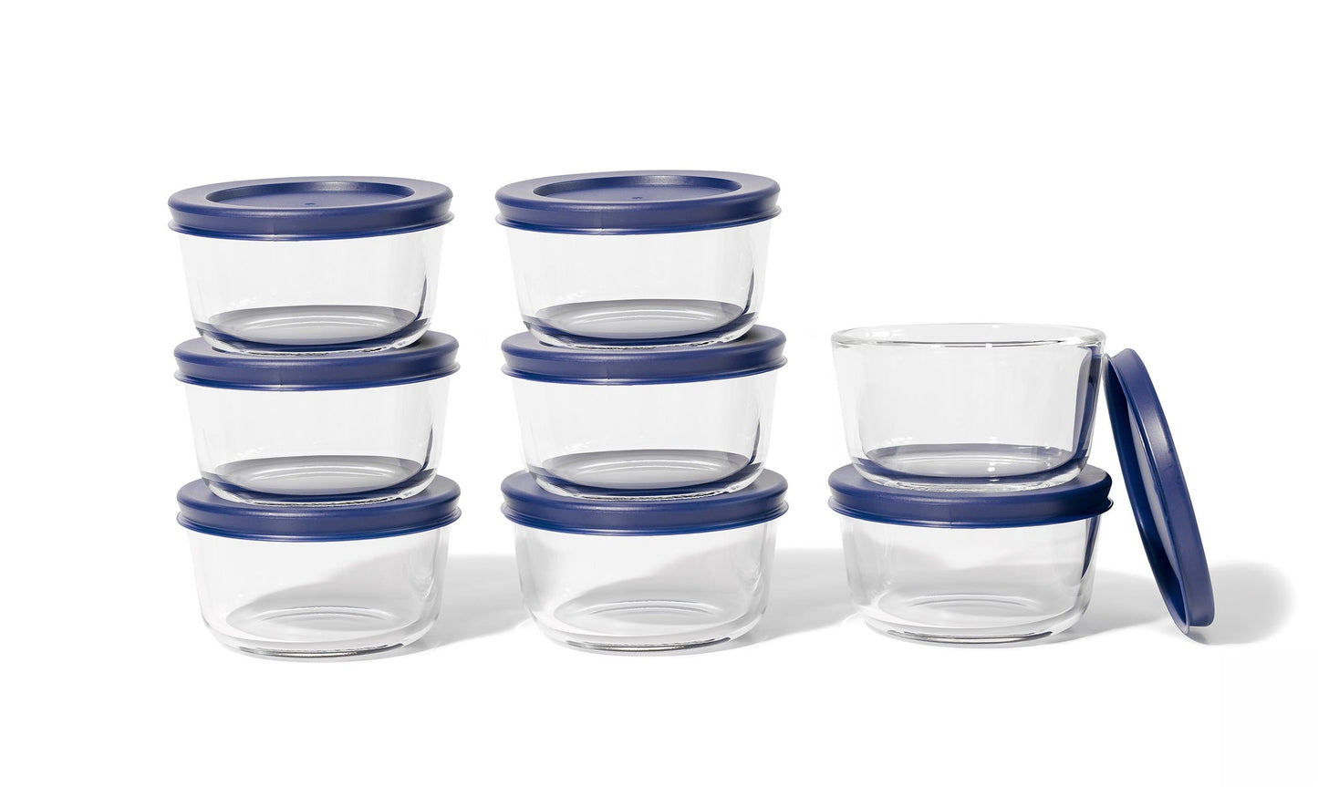 Glass Food Storage Containers - 16 Piece 7oz Set (8 Containers + 8 Lids), Blue